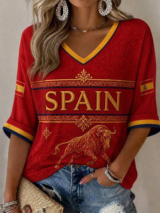 Women's Spain Print Casual Half-Sleeves V-Neck T-Shirt