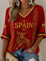 Women's Spain Print Casual Half-Sleeves V-Neck T-Shirt