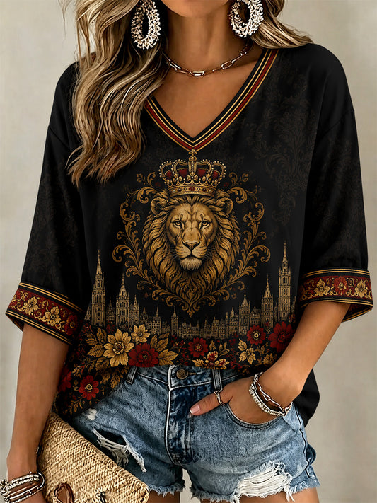 Women's Belgium Print Casual V-Neck Tee