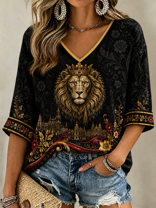 Women's Belgium Print Casual V-Neck Tee