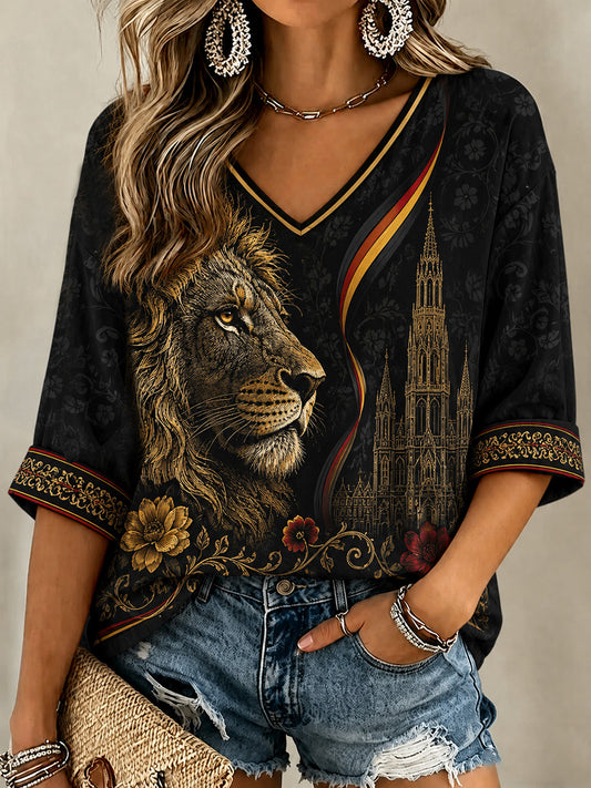 Women's Belgium Print Casual V-Neck Tee