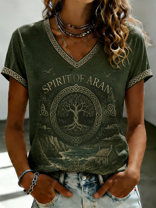 Women's Aran Printed V-neck T-shirt