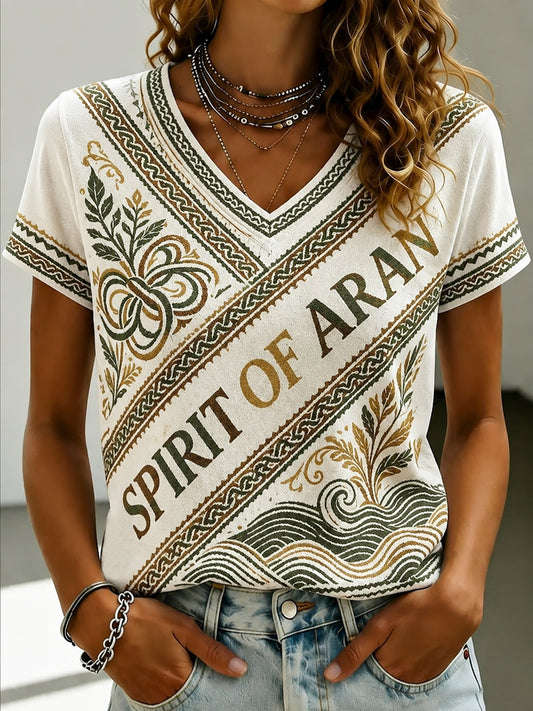 Women's Aran Printed V-neck T-shirt