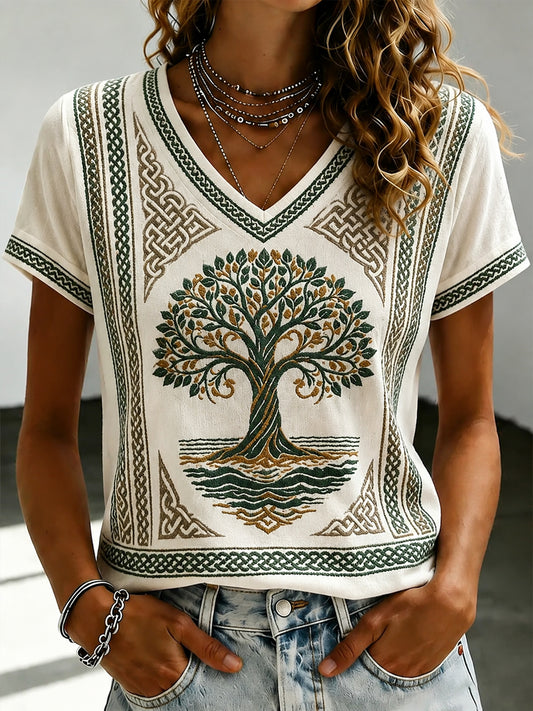 Women's Aran Printed V-neck T-shirt