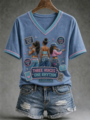 Women's Y2K UK Garage Girl Trio Print Casual V-Neck Tee