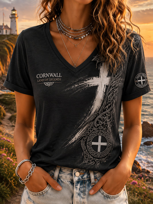 Women's Cornish -style Printed V-neck T-shirt