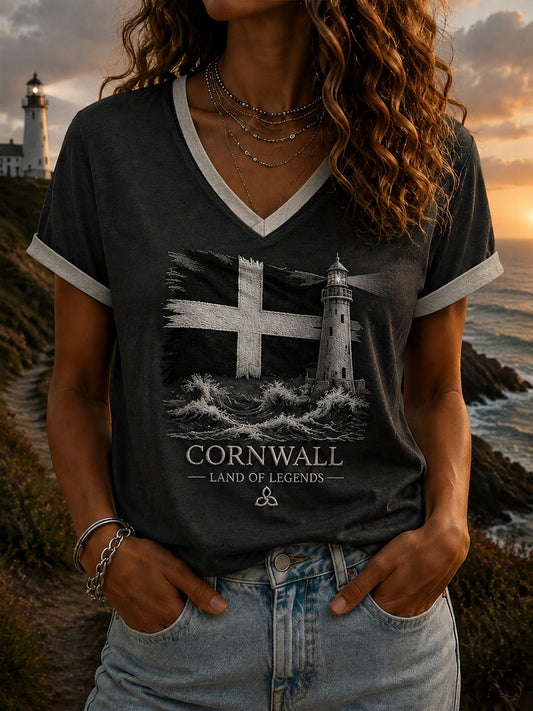 Women's Cornish -style Printed V-neck T-shirt