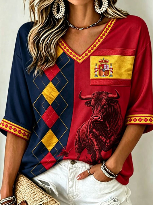 Women's Mid-length Sleeves V-Neck T-Shirt
