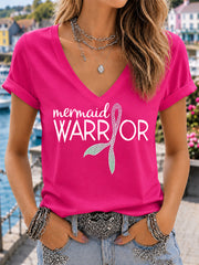 Women's Pink Wig Mermaid March Breast Cancer Awareness Print T-shirt