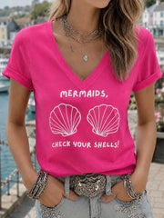Women's Pink Wig Mermaid March Breast Cancer Awareness Print T-shirt