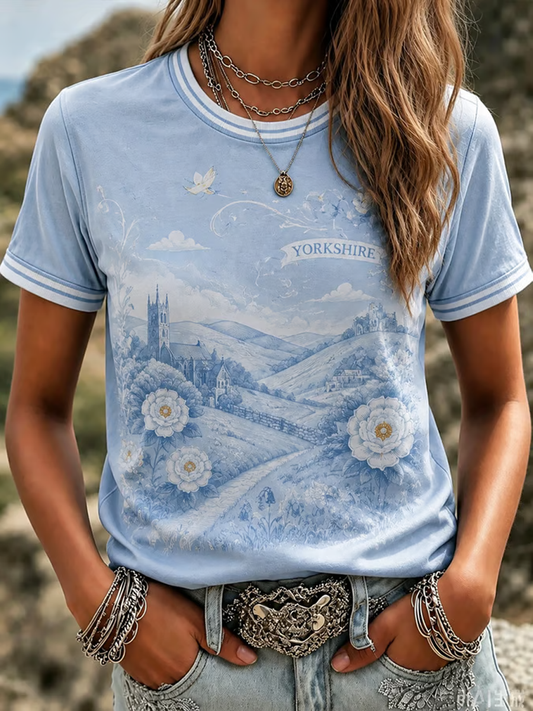 Women's England Yorkshire Day White Roses Art Printed short-sleeved T-shirt
