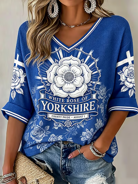 Women's England Yorkshire Day White Roses Art Printed Waffle T-shirt