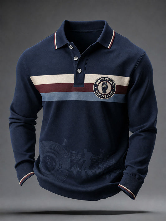 Men's Retro Northern Soul Keep The Faith Print Casual Long Sleeve Polo