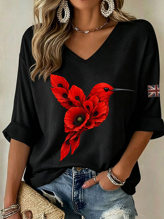 Women's Hummingbird Mid-length Sleeves V-Neck T-Shirt