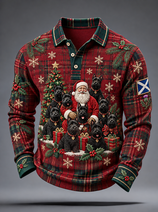 Men's Scottish Christmas Printed long sleeve polo